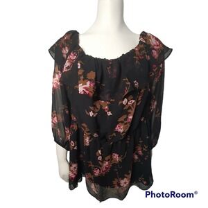 Lane Bryant Floral Off The Shoulder Ruffle Blouse‎ 18 Black Pink Plus 1094582